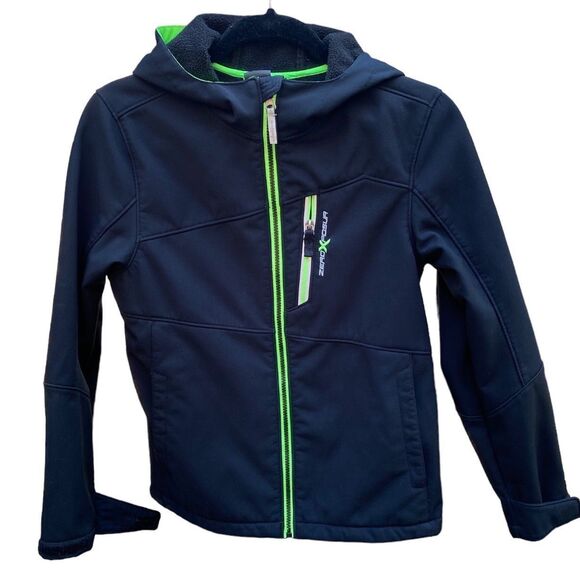 ZeroXposur L (14/16) Soft Shell Black neon green Hooded Jacket Water Wind Resist - Picture 3 of 10